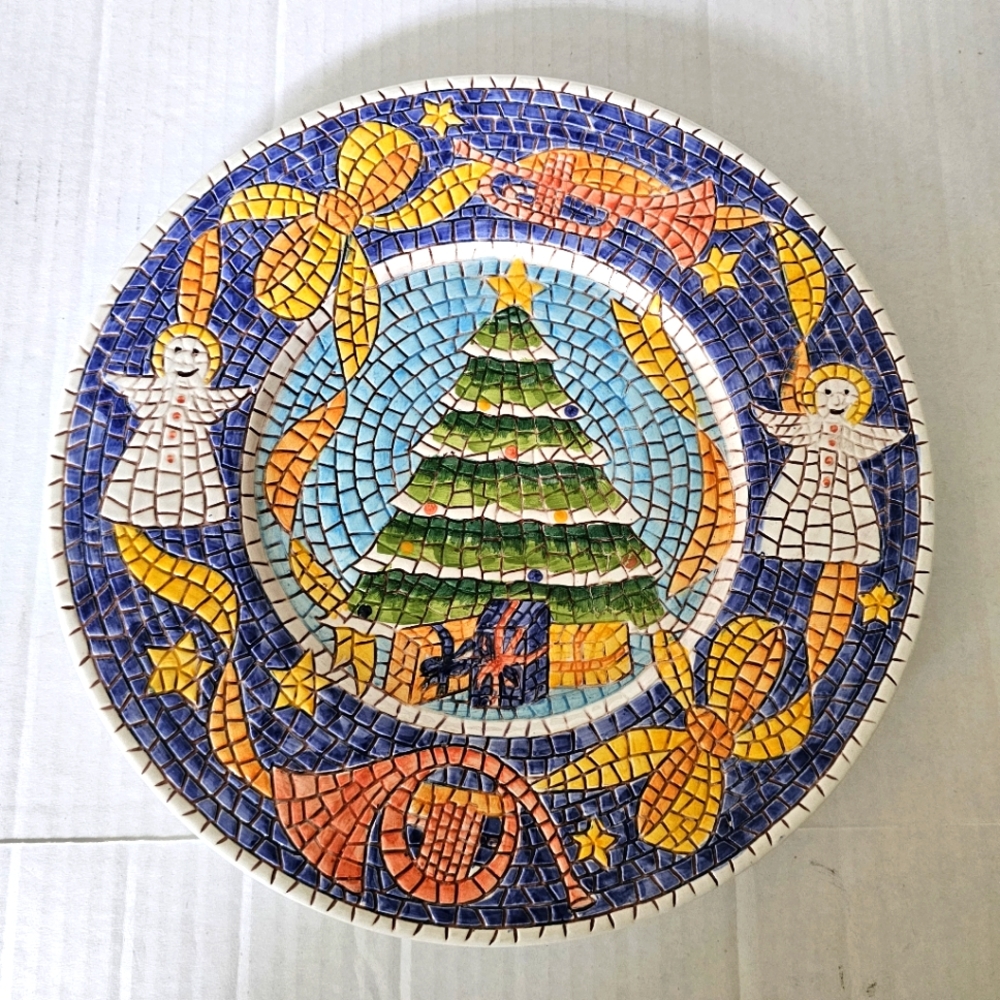 Vintage Italian mosaic christmas plate wall hanging charger angel tree ceramic